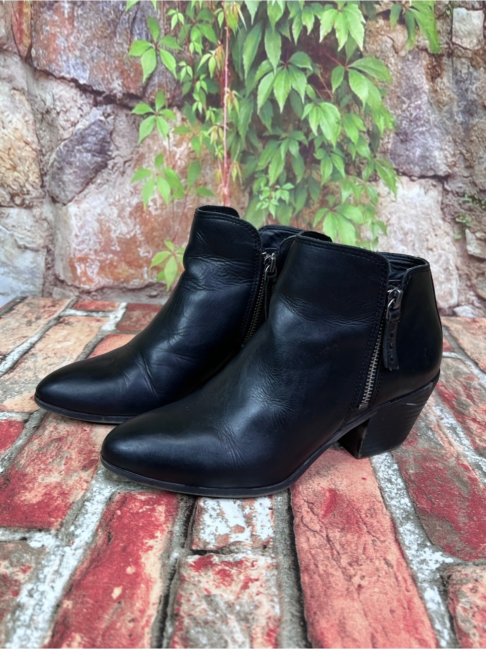 FRYE Black Leather Judith Double Zipper Coastal Cowgirl Ankle Boots, 6.5M